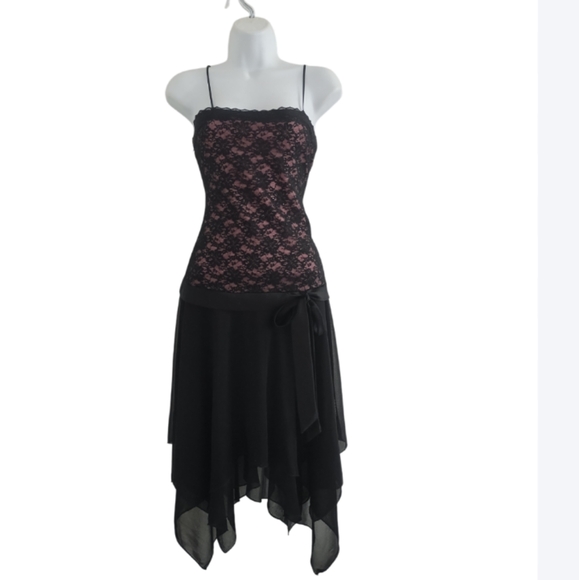 Vintage Y2K Lace Sparkling Handkerchief Skirt Black Pink Goth Whimsygoth Dress - Picture 1 of 5